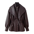 Elegant dark reddish-brown leather jacket with wide lapels and smocked waist design - S / Brown