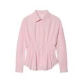 Pink lapel long sleeve shirt with pleated waist design and single-breasted closure - XS / Pink