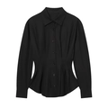 Women's black slim fit shirt featuring classic collar and elegant pleated waist detail - XS / Black