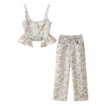 Tweedelige dames-set met bloemenprint, camisole top met ruches en rechte lange broek - S / Wit Bloemen