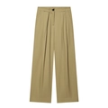 Pantalón plisado de talle alto y pernera ancha en color verde oliva con un botón - XS / Pantalón De Pierna Ancha Plisado Cintura Alta Khaki