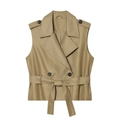 Khakifarbene zweireihige Trench-Weste mit Schulterklappen und Gürtelverschluss - XS / Khaki
