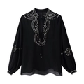 Damen Chiffonbluse in Schwarz mit Paillettenstickerei und V-Ausschnitt Quasten - S / Schwarz