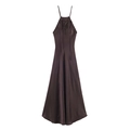 Elegante vestido largo de satén marrón oscuro con cuello halter y una silueta línea A fluida - XS / café