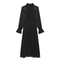 Robe longue française en mousseline à pois noirs avec col montant et manches bouffantes - XS / Noir