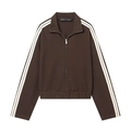 Detail of dark brown zip-up sports jacket featuring white stripes on sleeves and high collar - Tops