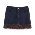 Close-up of vintage blue denim skirt with floral lace trim and pocket details - XS / Bottoms / Dark Blue