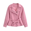 Pink faux suede jacket with asymmetric zipper and belted waist on white background - XS / Pink