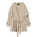 Damen Kurzmantel in hellem Khaki im französischen Stil mit drapiertem Schultercape - XS / Khaki