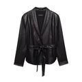 Women's black belted leather jacket with shawl collar and textured lychee pattern finish - XS / Black