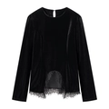 Elegante zwarte fluwelen top met lange mouwen, kantafwerking en uitgesneden details - S / Zwart