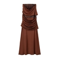 Elegante chocoladebruine off-shoulder jurk met lovertjes en gedrapeerde plooien - S / Donkerrood