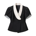Schwarzer Kurzarm-Blazer mit weißem Kontrastkragen und Puffärmeln für Damen - S / Schwarzes Oberteil