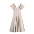Elegante beige jurk met V-hals en pofmouwen in een minimalistische A-lijn snit - XS / Beige