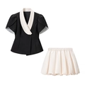 Zweiteiliges Set aus schwarzem Kurzarm-Blazer mit Kontrastkragen und weißem Puffrock für Damen - S / Patchwork-Set