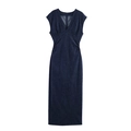 Abito midi smanicato blu scuro con scollo a V, dettagli in pizzo e vita alta - XS / Blu scuro