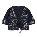 Top court bleu marine à col en V avec broderie florale et fermeture par cordon devant - XS / Bleu marine