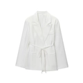 Women's white linen blend blazer with waist tie and notched lapel on white background - S / White