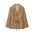 Women's khaki linen-blend blazer with waist tie and notched lapel, flat lay view - S / Khaki