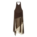 Asymmetrische halterjurk van bruine chiffon met stippen en gelaagde ruches - XS / Bruine Polka Dot Patchwork Stijl