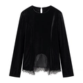 Elegantes schwarzes Samt-Langarmshirt mit Spitzenbesatz und geschwungenem Saum - S / Schwarz