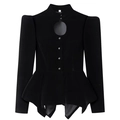 Elegant black velvet jacket with puff sleeves, stand collar and chest cutout design - S / Black