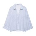 Camicia da donna a maniche lunghe a righe verticali blu e bianche con doppie tasche frontali - XS / Blu