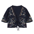 Navy blue short sleeve cardigan with floral embroidery and V-neck tie-front design - XS / Dark Blue