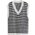 Retro gebreid vest met V-hals en zwart-wit geblokt patroon voor een vintage look - S / Zwart en Wit Ruit