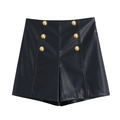 Damen-High-Waist-Shorts aus schwarzem Kunstleder mit dekorativen goldenen Knöpfen - XS / Schwarz