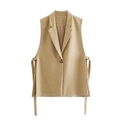 Detail of khaki sleeveless vest blazer with notch lapel and side metal D-ring buckle - S / Khaki