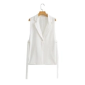 Detail view of white sleeveless blazer vest with lapel collar and side drawstring ties - S / White