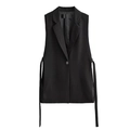 Detail of black sleeveless blazer vest featuring side drawstring ties and single button - S / Black