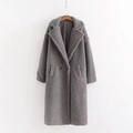 Long grey faux fur teddy coat with notch lapel and oversized silhouette - S / Tops / Gray