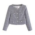 Detailed view of houndstooth jacket featuring pearl buttons and a classic round neck - S / Navy Blue And White Houndstooth