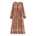 Vestido largo bohemio floral de manga larga y cuello en V con borlas en tonos marrón - S / Rojo Ladrillo