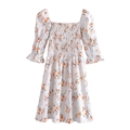 Vestido floral con cuello cuadrado, mangas abullonadas y corpiño fruncido elástico - S / Blanco Floral