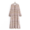 Maxikleid in Beige mit Paisley-Print, V-Ausschnitt, Quasten und langen Ärmeln aus Viskose - S / Wie gezeigt