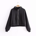 Women's black zip-up cropped sweatshirt with stand collar and white side stripes - S / Black