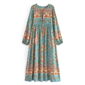 Bohemian floral maxi dress with V-neck tassels and long sleeves in turquoise - S / Lake Blue