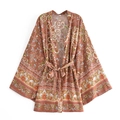 Cardigan kimono bohème en rayonne à fleurs avec manches larges et ceinture assortie - S / Comme indiqué