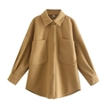 Camel oversized wool shacket with large patch pockets and hidden button front - Camel