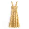 Robe d'été style français à carreaux avec imprimé citron et bretelles à volants - S / Vichy Jaune Blanc Imprimé Citron