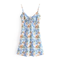 French daisy print camisole dress with V-neck, drawstring bow, and slim fit silhouette - S / White With Blue And Orange Floral