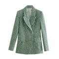 Klassieke double-breasted blazer met houndstooth patroon en gouden knopen - XS / Groen-wit Geblokt