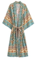 Cardigan kimono bohème bleu clair à imprimé fleuri avec manches larges et ceinture - Floral Aqua Clair