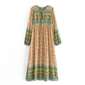 Boho midi-jurk met lange mouwen, bloemenprint, kwastjes bij de v-hals en etnische print - S / Kleurrijk