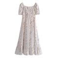 Floral French vintage square neck puff sleeve dress with slit and light blue vertical stripes - S / Floral Image Color