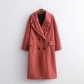 Coral pink long double-breasted wool coat with large lapels and cocoon fit - S / Red