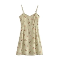 Französisches Landhausstil-Trägerkleid mit Karomuster und kleinen roten Blumen - S / Grün Weiß Gingham Blumen